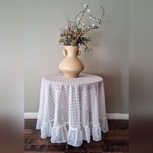 White Eyelet Lace Round Tablecloth with Ruffle Hem